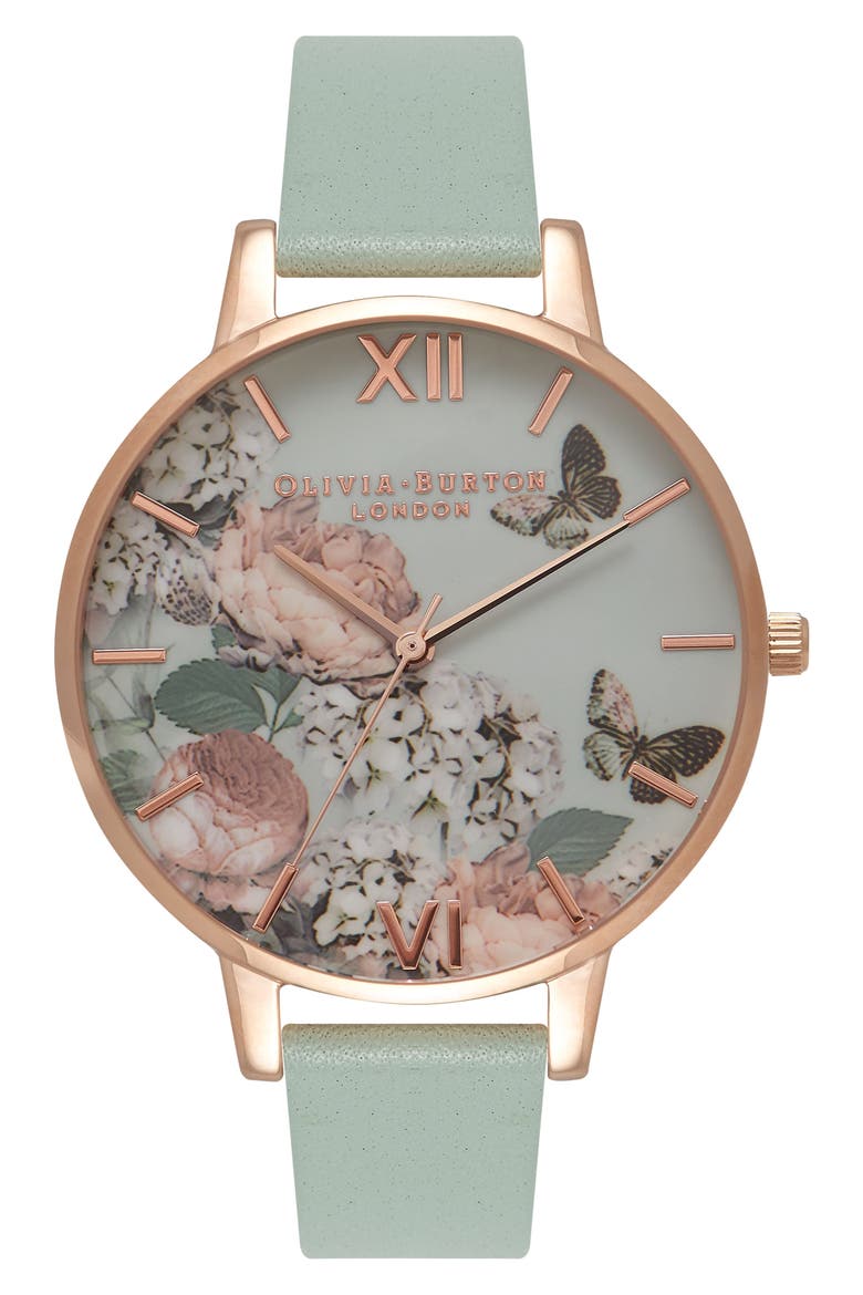 Enchanted Garden Leather Strap Watch, 38mm, Main, color, MINT/ FLORAL/ ROSE GOLD