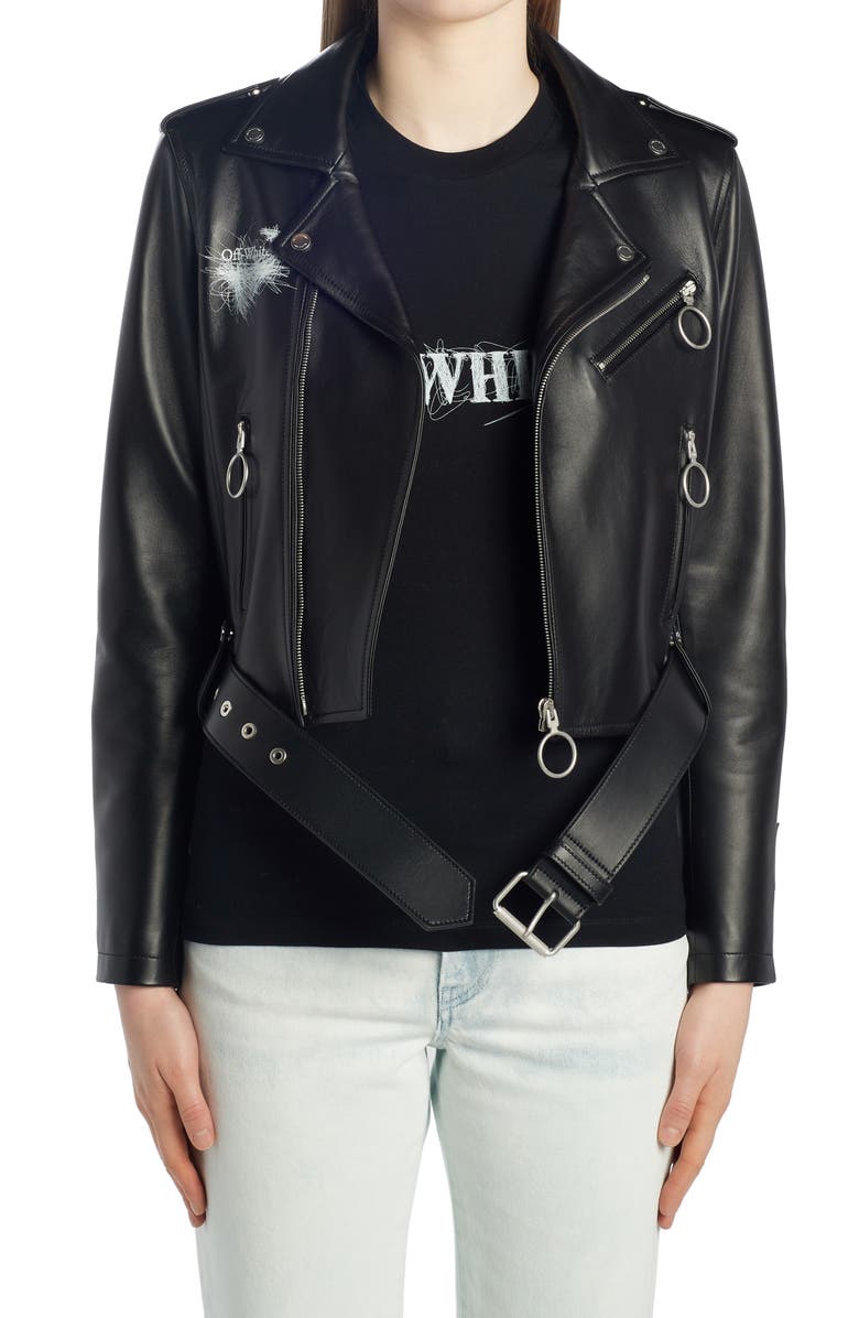 Off-White Pen Arrows Leather Crop Biker Jacket, Main, color, 