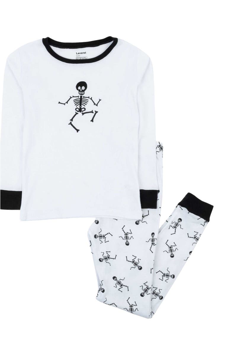 Leveret Kids Two-Piece Cotton Halloween Matching Family Pajamas, Fun Prints, Main, color, White Skeleton