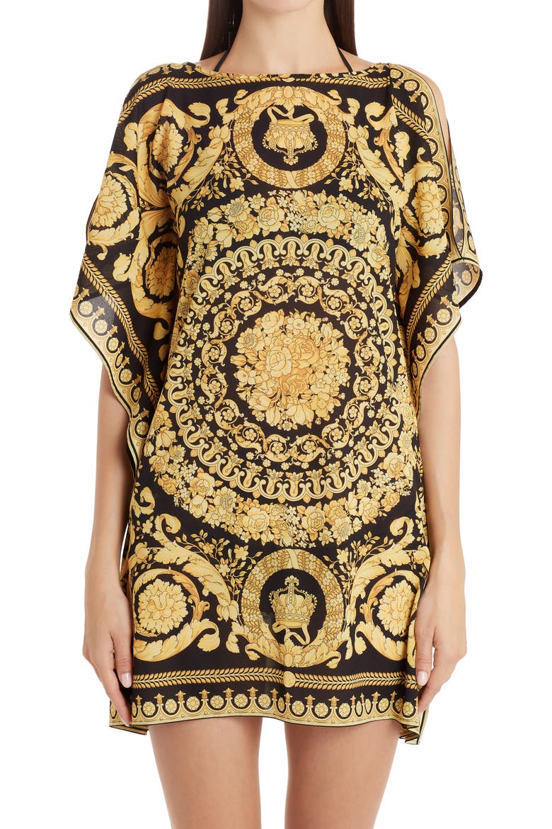 Barocco '91 Print Cold Shoulder Caftan Minidress, Main, color, BLACK/ GOLD