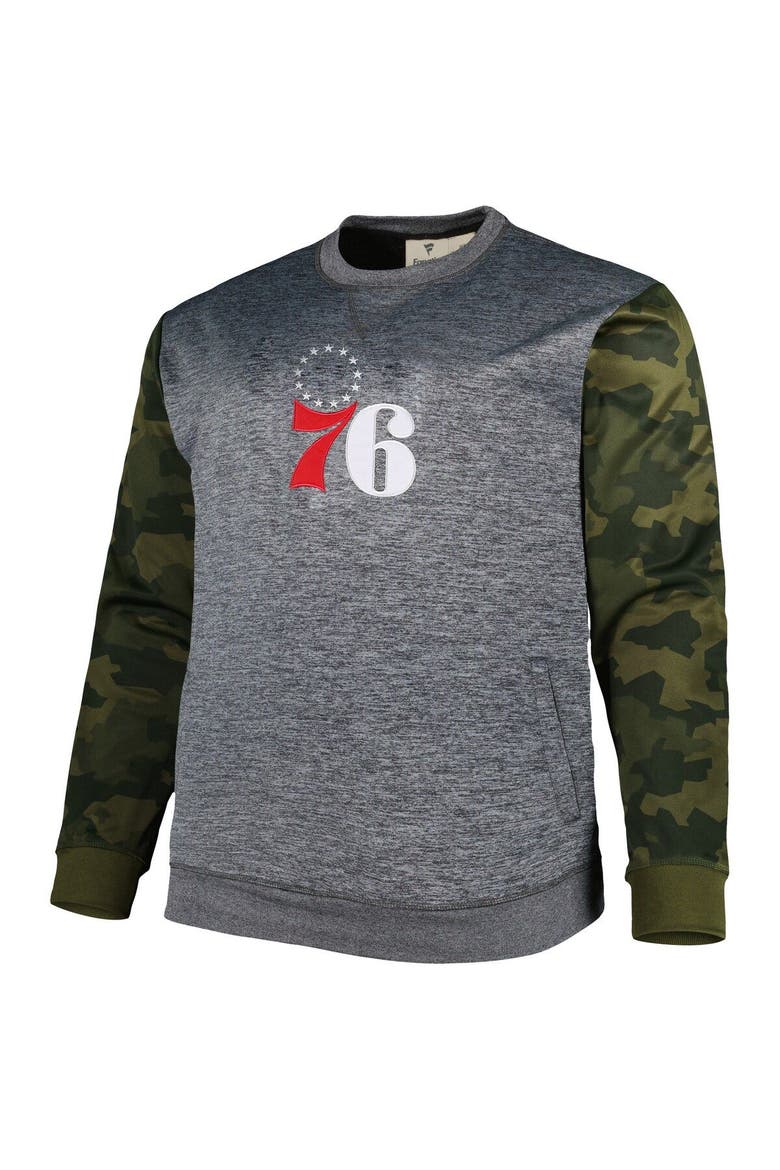 Men's Fanatics Branded Heather Charcoal Philadelphia 76ers Big & Tall Camo Stitched Sweatshirt, Alternate, color, Heather Charcoal
