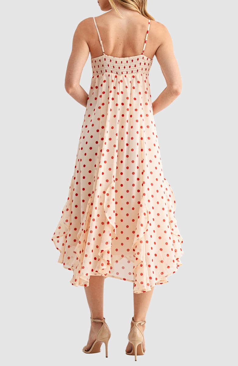 Lush Ruffle Handkerchief Hem Midi Dress, Alternate, color, Cream Burgundy Dot