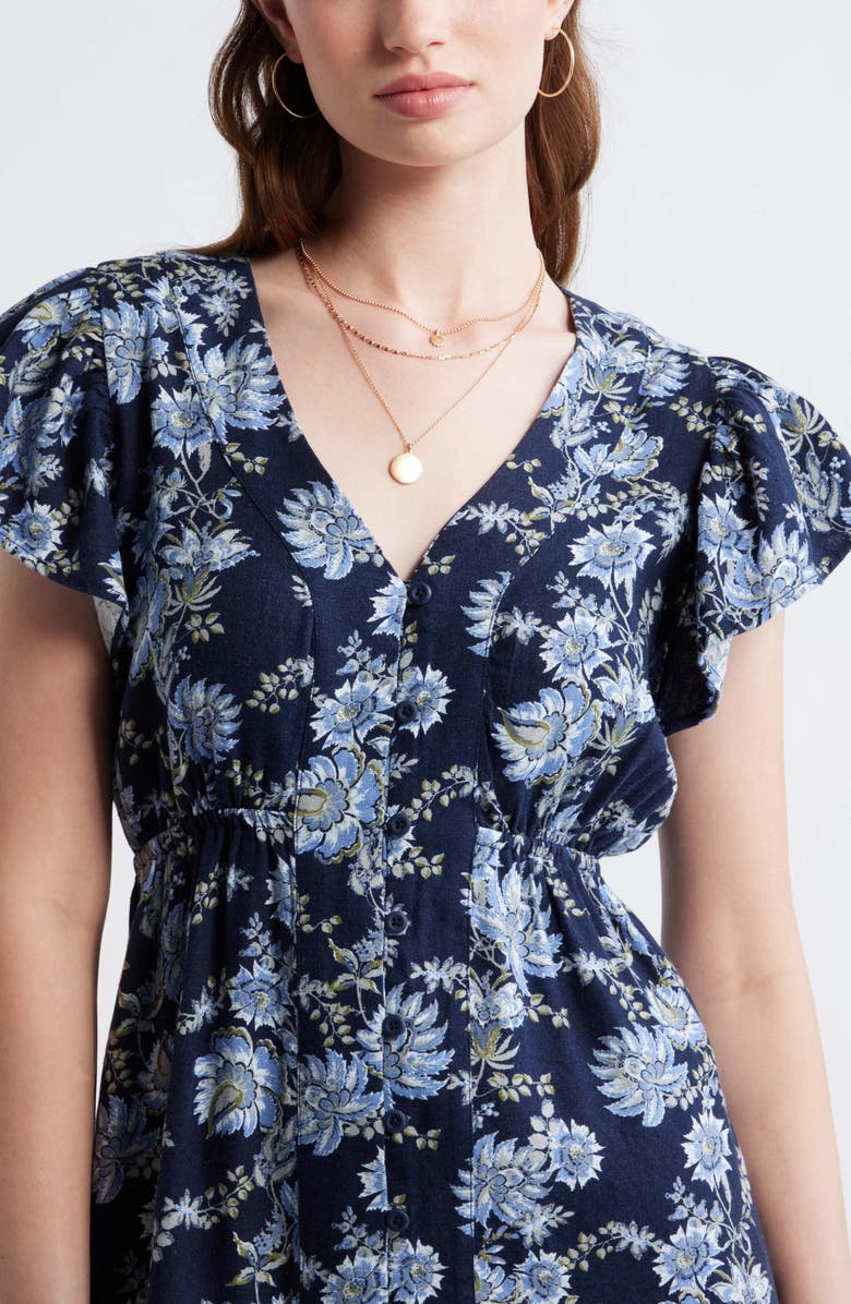 Treasure & Bond Short Sleeve Button Down Linen Blend Midi Dress, Alternate, color, Navy Cottage Floral Stripe