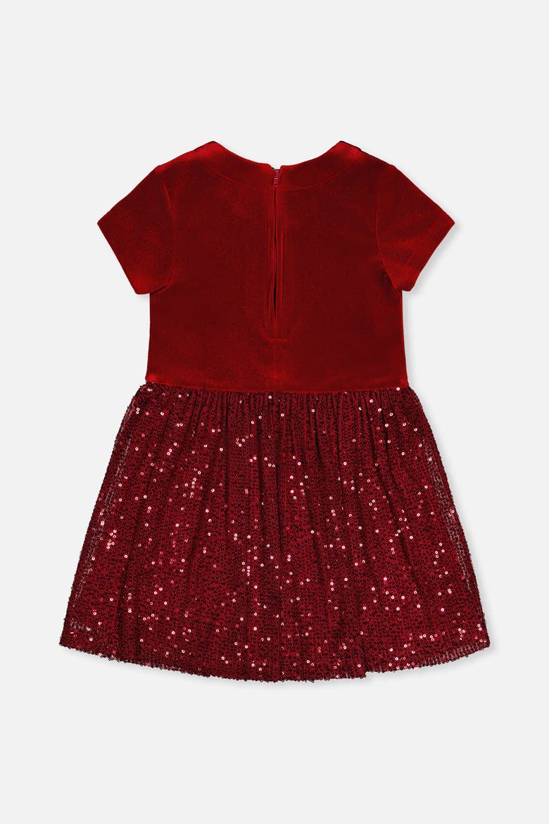 Bi-Material Short Sleeve Bow Belt Glittering Skirt Dress, Alternate, color, Rouge