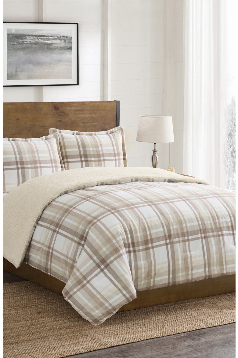 Plaid Flannel & Faux Shearling 3-Piece Comforter & Shams Set, Alternate, color, TAUPE