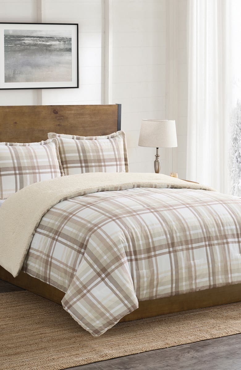 VCNY HOME Plaid Flannel & Faux Shearling 3-Piece Comforter & Shams Set, Alternate, color, Taupe