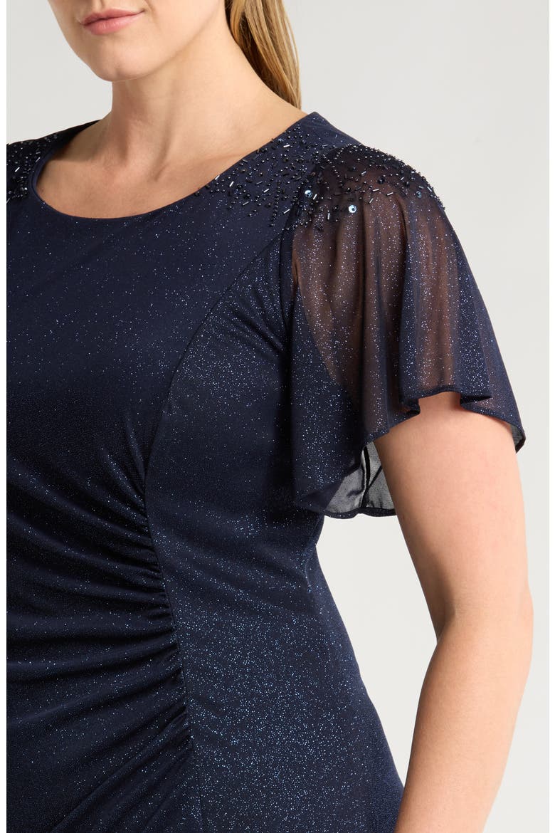 Flutter Sleeve Metallic Gown, Alternate, color, NAVY