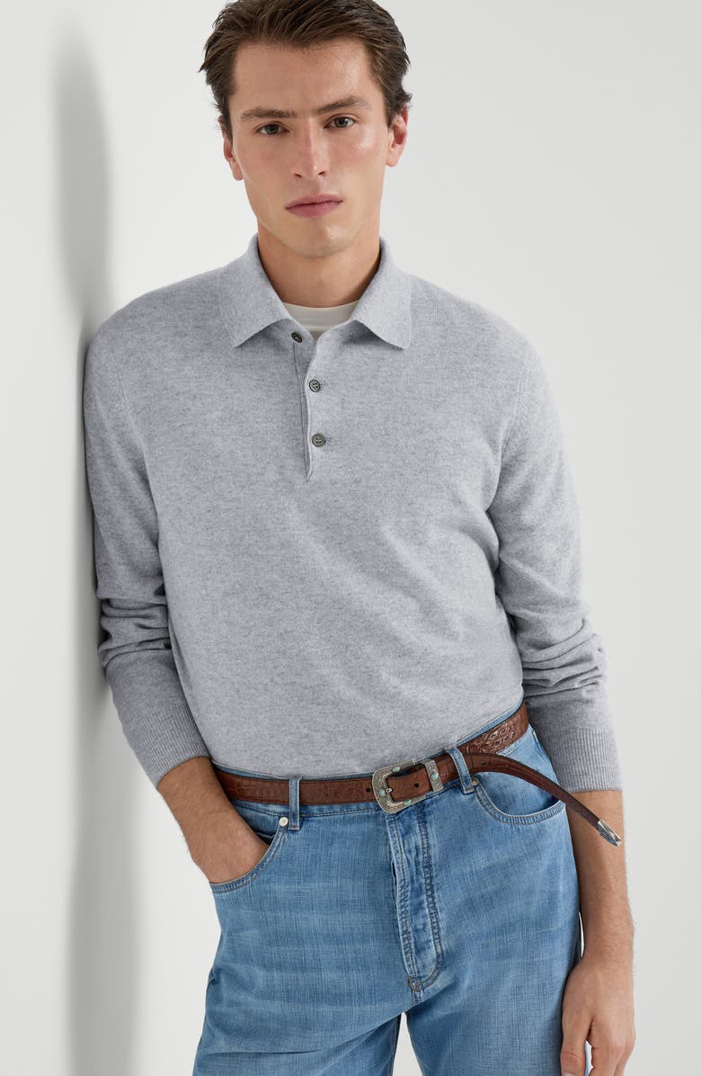 Brunello Cucinelli Cashmere knit polo shirt, Alternate, color, Pebble