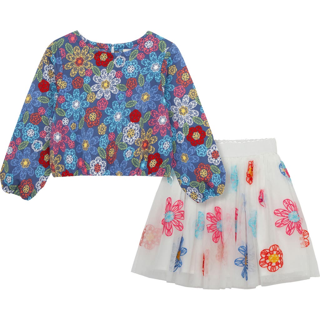 Peek Aren't You Curious Kids' Flower Print Top & Embroidered Tulle Skirt Set In Print