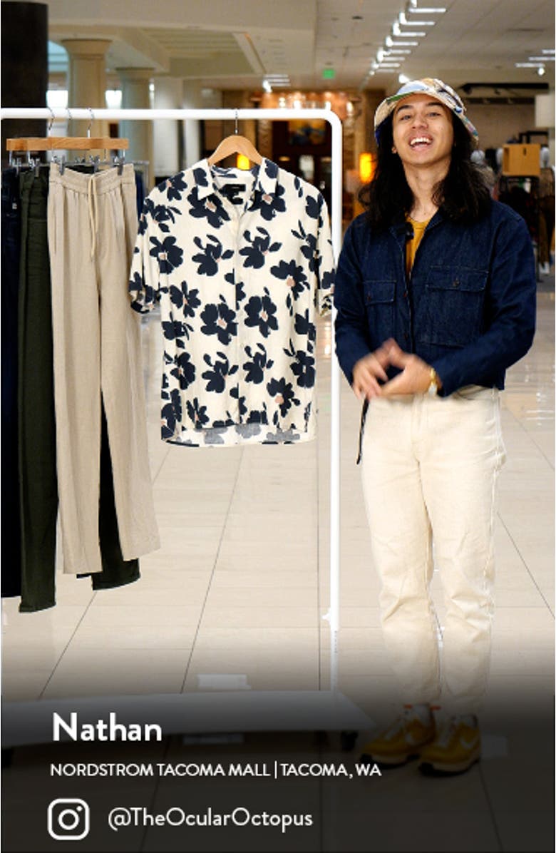 Painterly Floral Short Sleeve Linen Blend Button-Up Shirt, sales video thumbnail