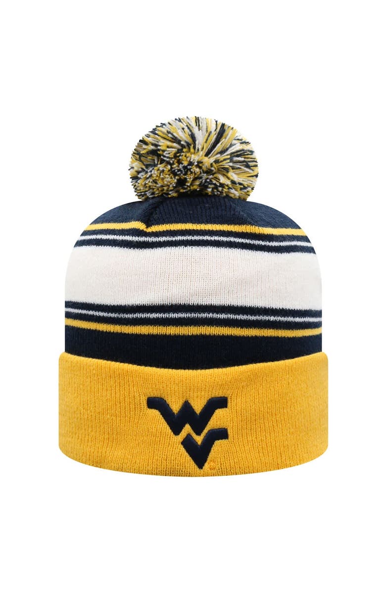 TOP OF THE WORLD Men's Top of the World Navy West Virginia Mountaineers Ambient Cuffed Knit Hat with Pom, Main, color,