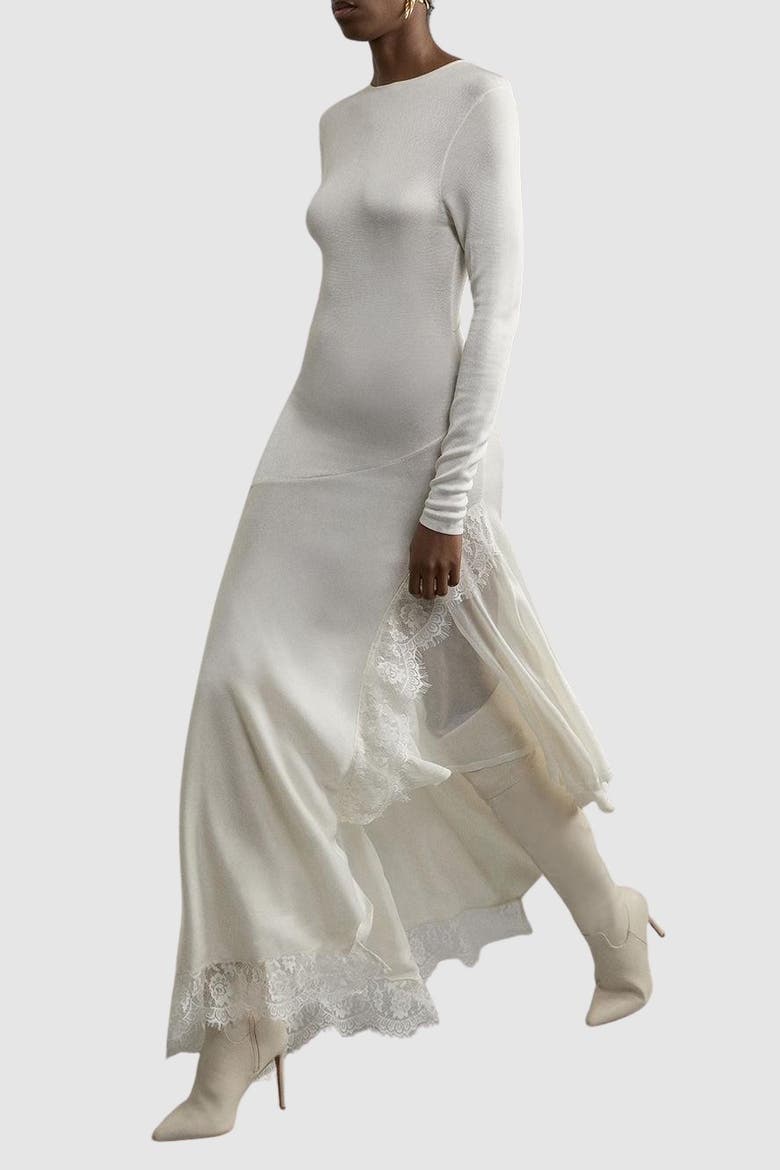 Petite Slinky Lace Asymmetric Maxi Dress, Alternate, color, Cream