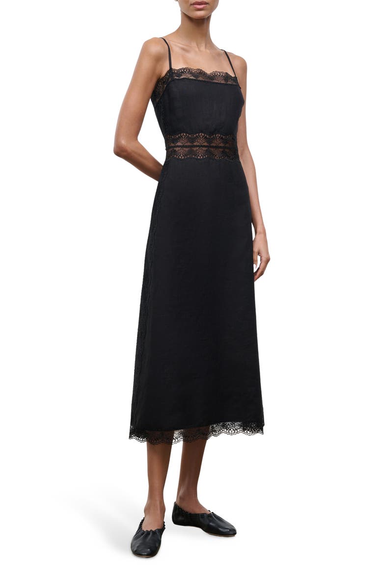 Amalina Lace Detail Linen Dress, Alternate, color, BLACK