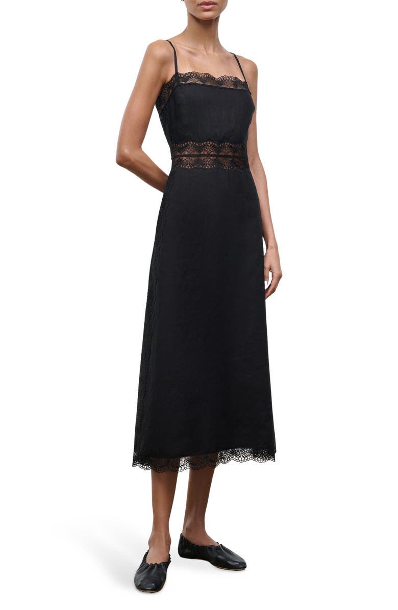 STAUD Amalina Lace Detail Linen Dress, Alternate, color, Black