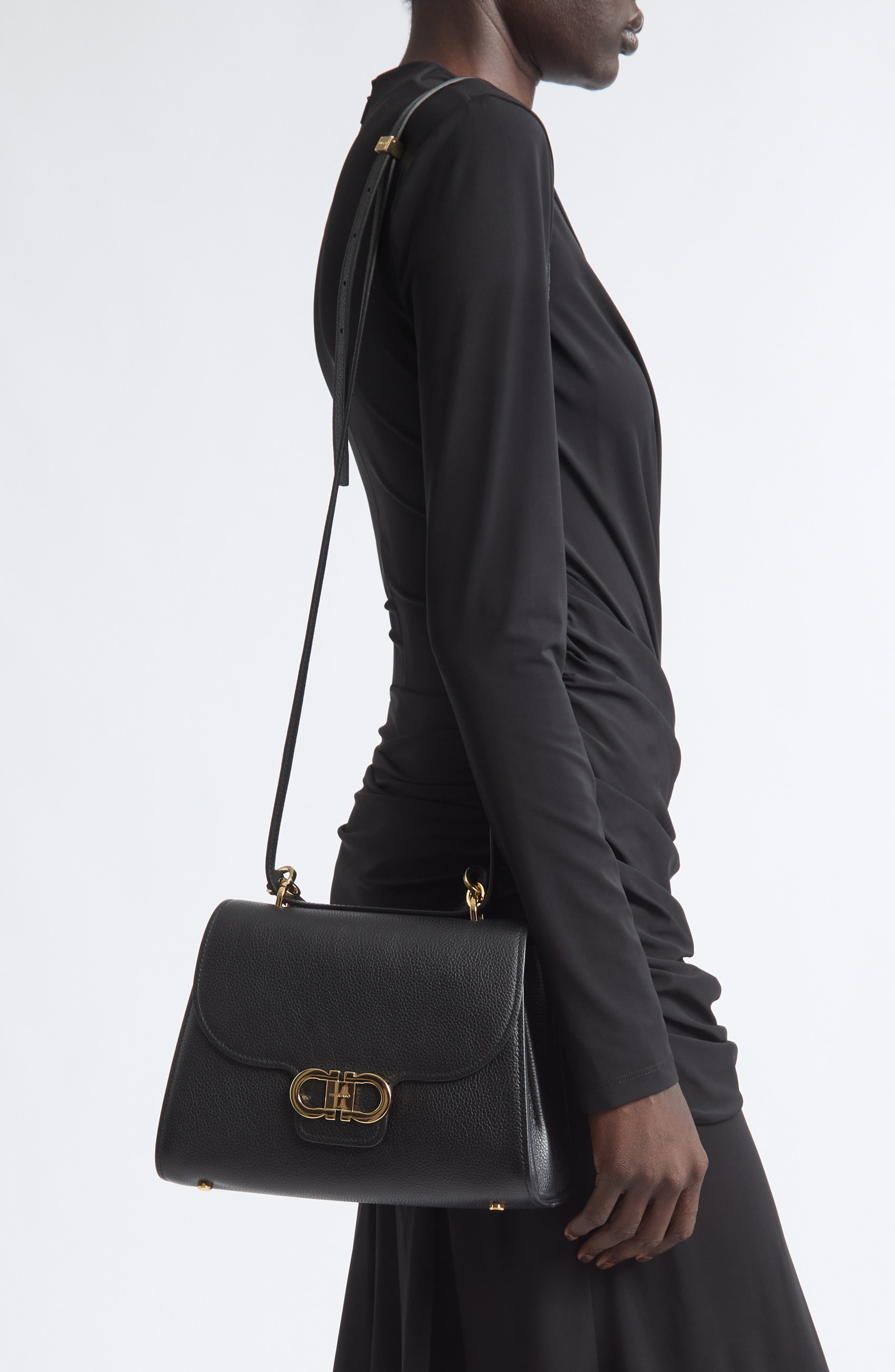 Medium Double Gancini Leather Top Handle Bag, Alternate, color, NERO