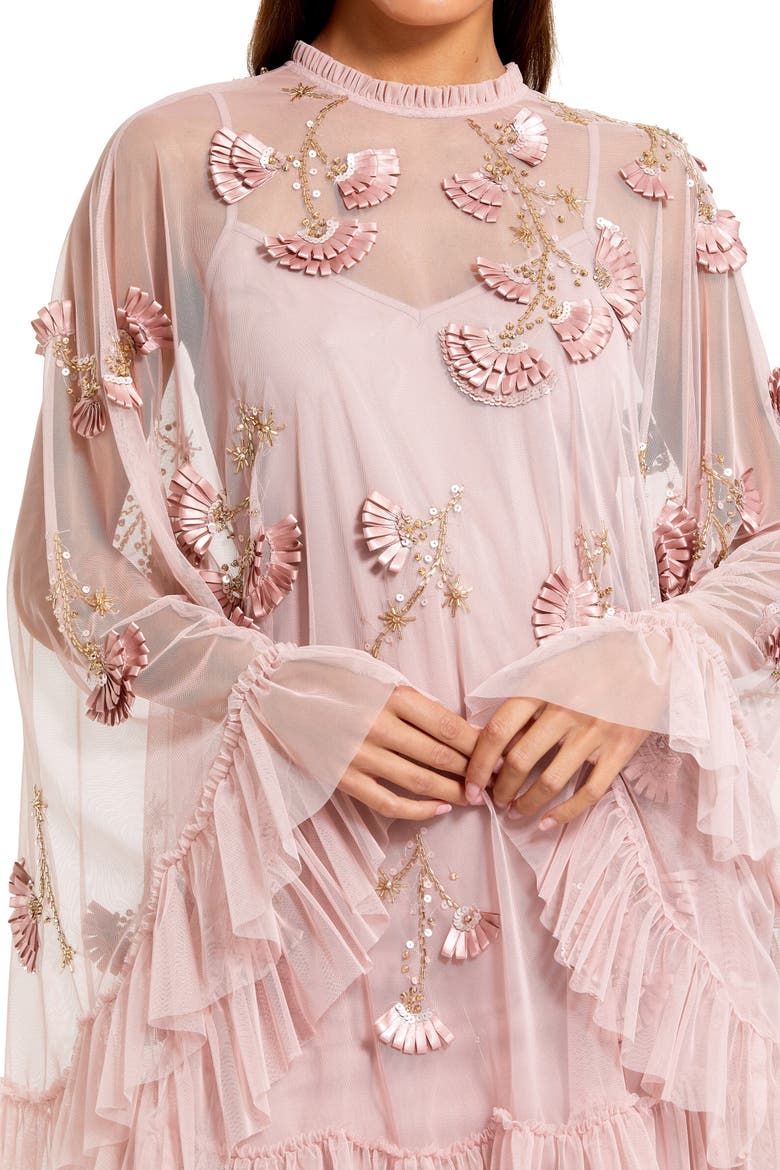 Embellished Long Sleeve Trapeze Dress with Ruffle Hem, Alternate, color, Porcelain Gold