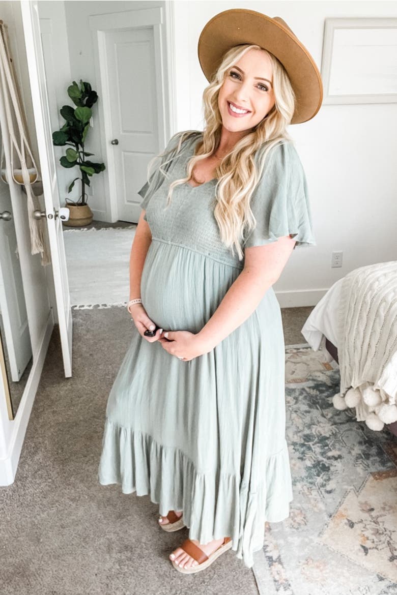 Smocked V-Neck Midi Dress, Alternate, color, Olive Green