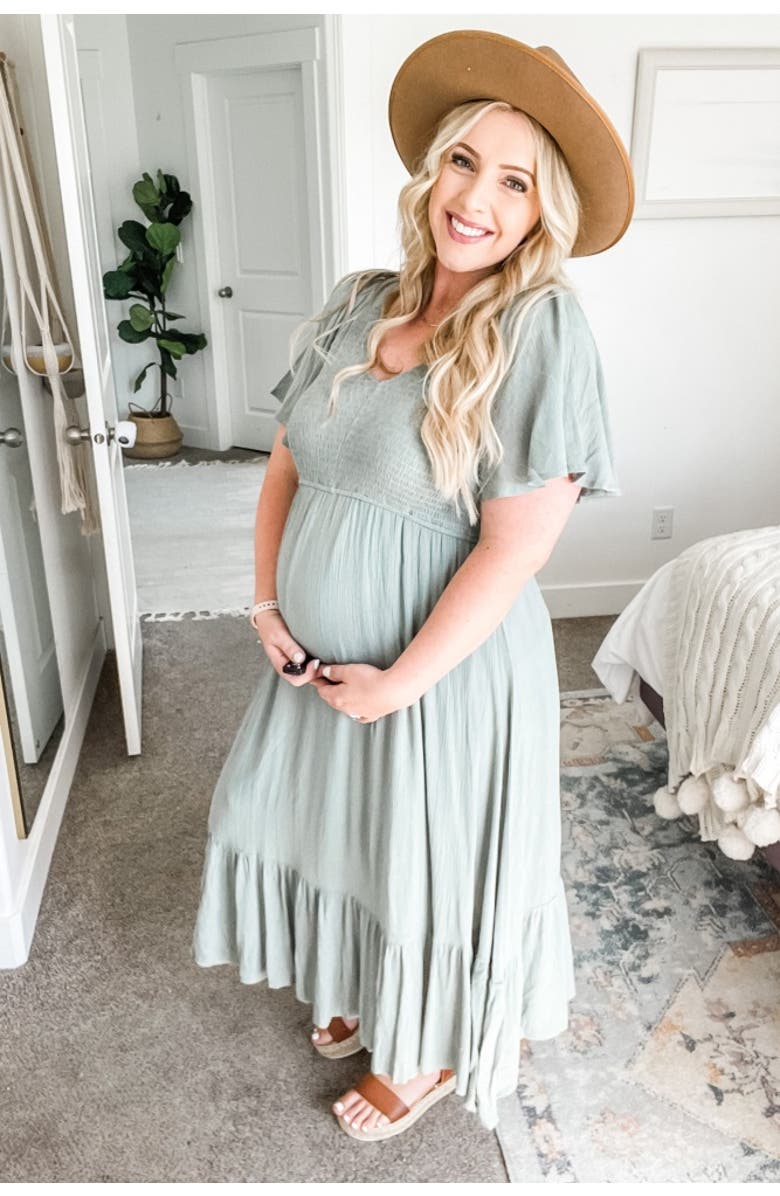 PinkBlush Smocked V-Neck Midi Dress, Alternate, color, Olive Green