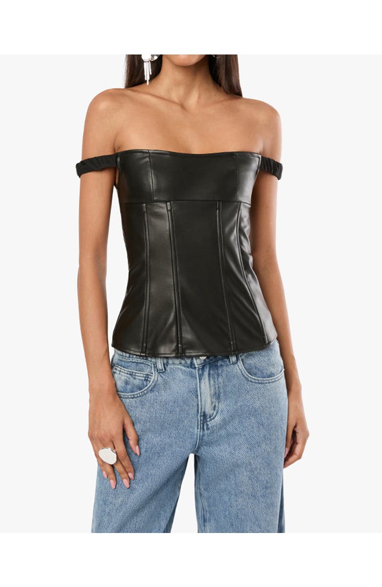 WeWoreWhat Off Shoulder Vegan Leather Corset, Main, color, Black