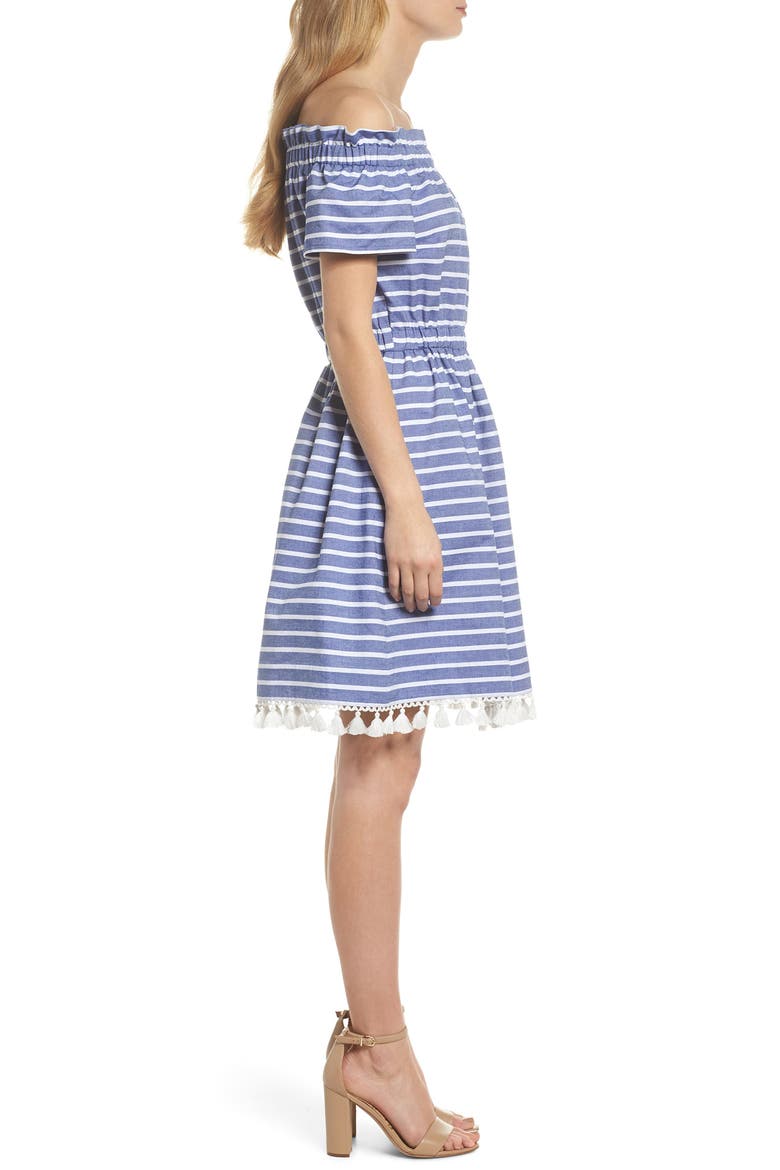Stripe Off the Shoulder Dress, Alternate, color, NAVY/ IVORY