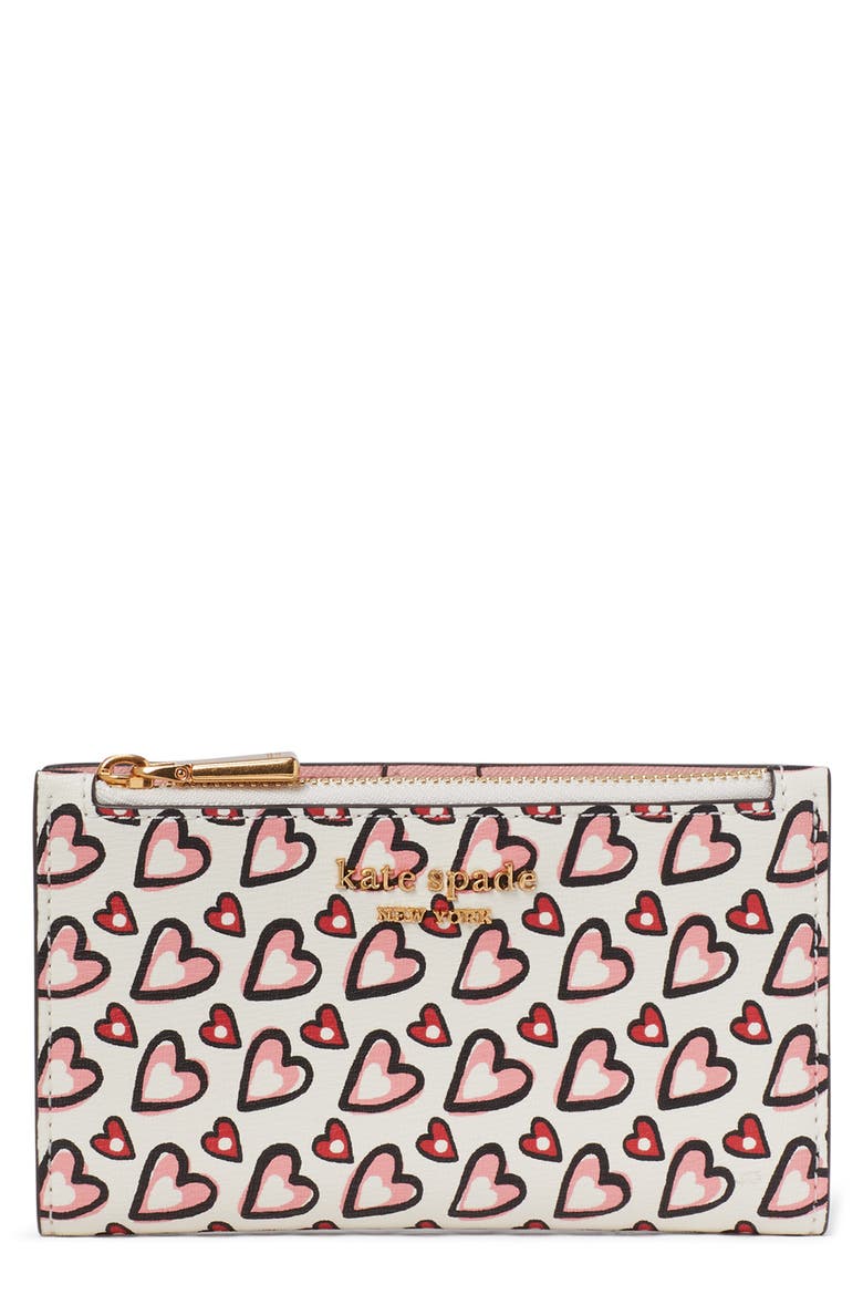 small morgan valentine's day print slim bifold wallet, Main, color, CREAM MULTI