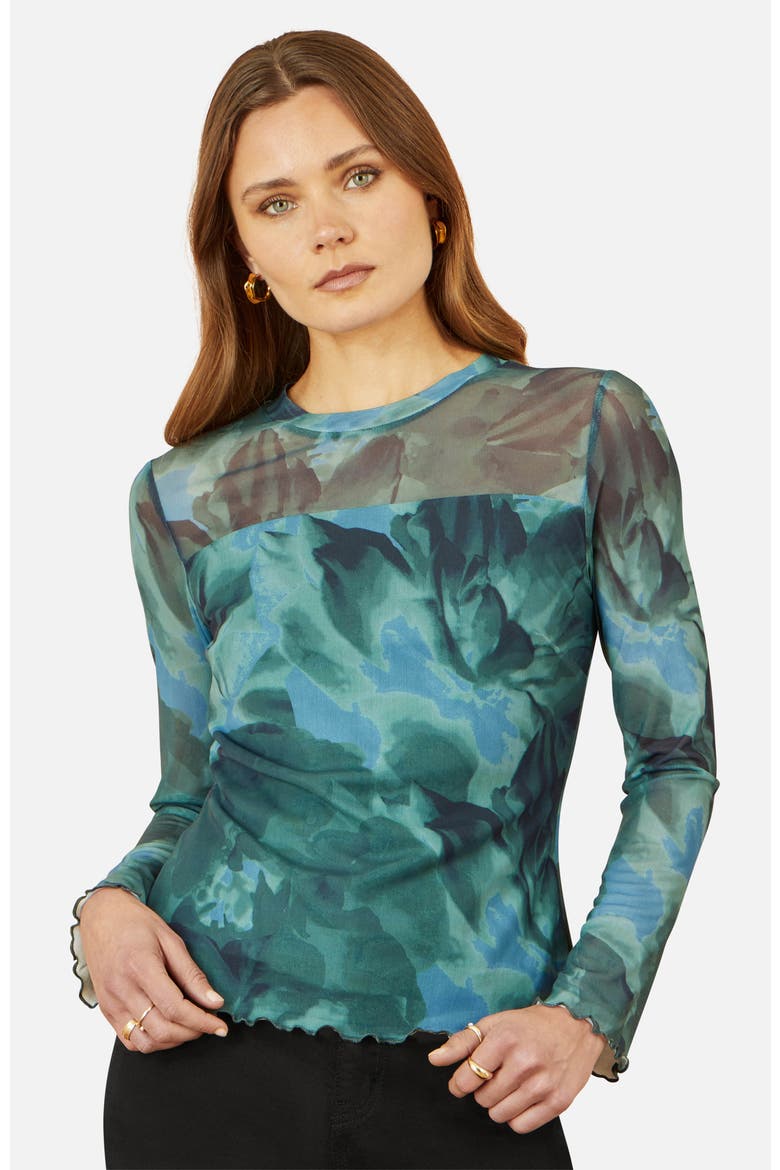 Long Sleeve Floral Mesh Top, Alternate, color, Green