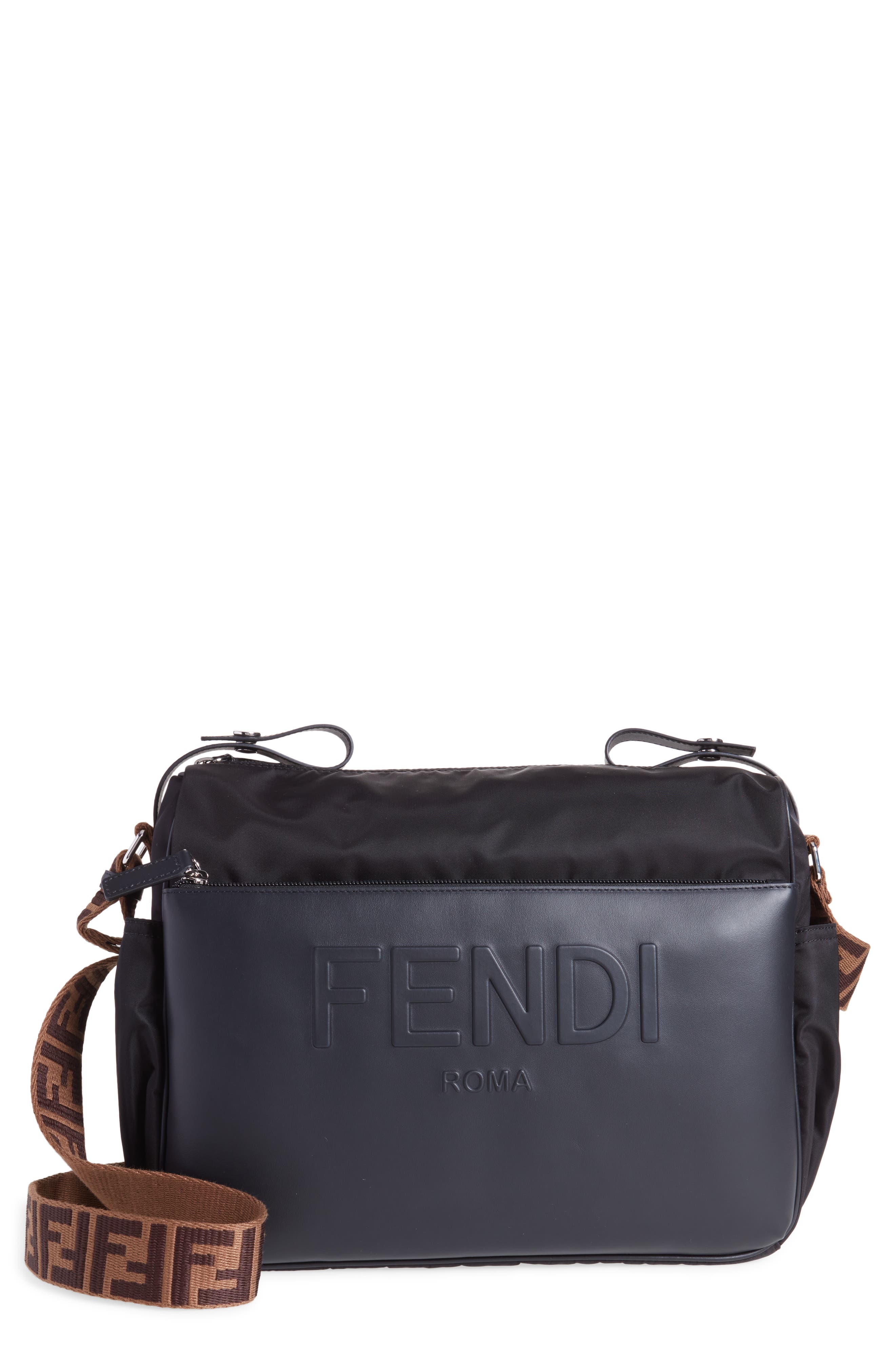 Fendi Logo Leather & Nylon Diaper Bag, Main, color, 