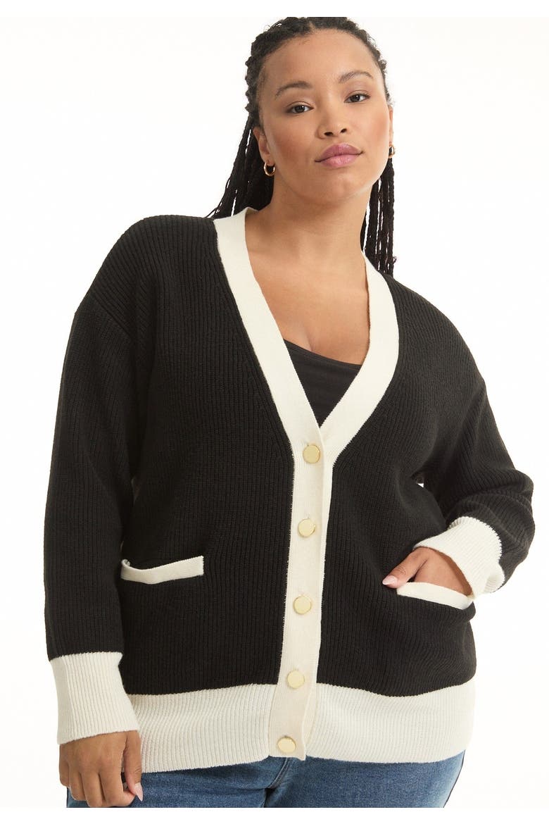 Contrast V-Neck Cardigan, Alternate, color, BLACK AND CREAM