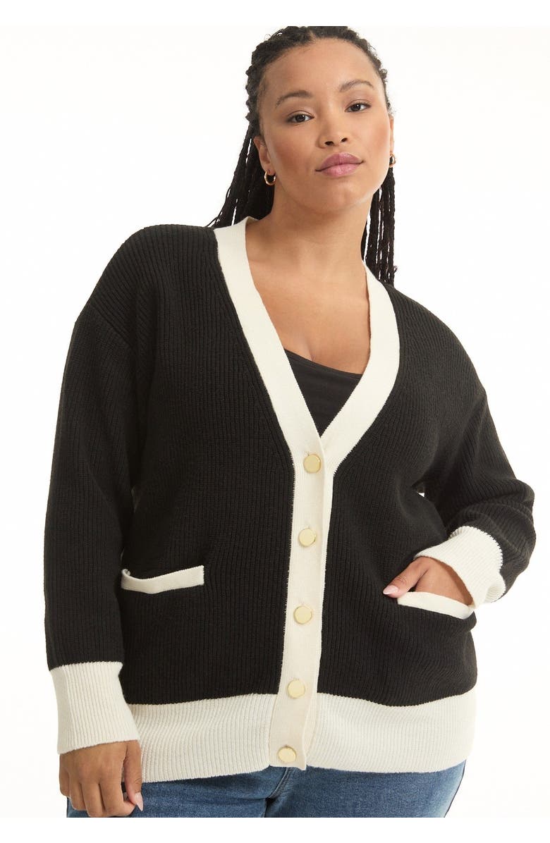 June + Vie Contrast V-Neck Cardigan, Alternate, color, Cream And Black
