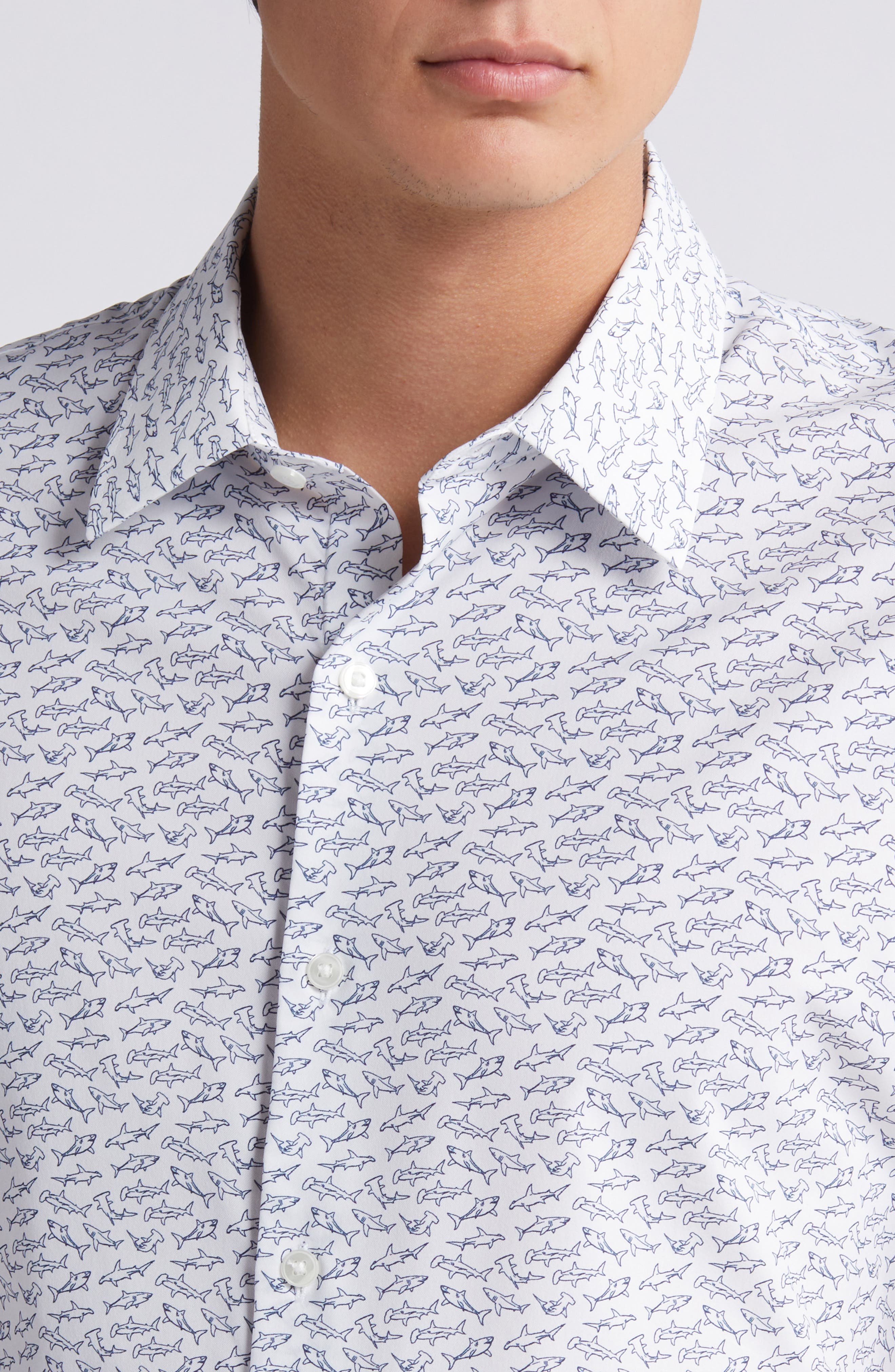 Tech Shark Print Short Sleeve Performance Button-Up Shirt - image 2
