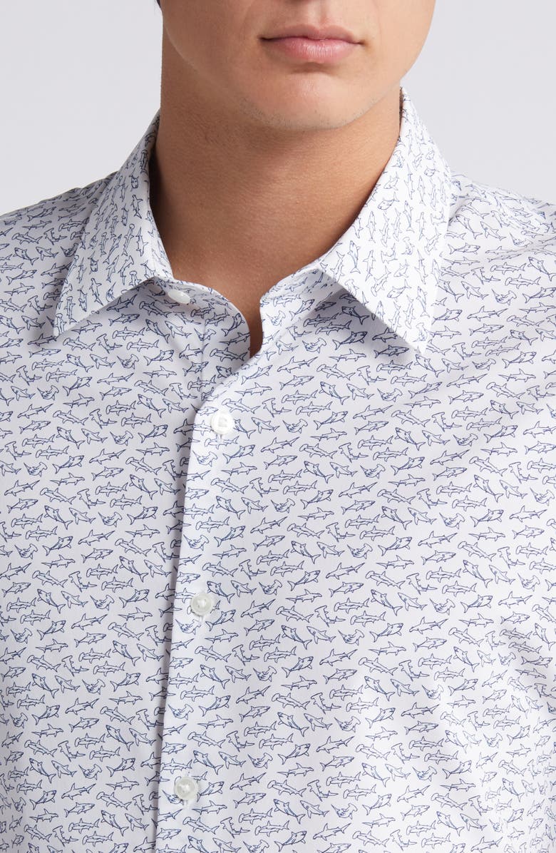 Bonobos Tech Shark Print Short Sleeve Performance Button-Up Shirt, Alternate, color, Shark Party V4 C25