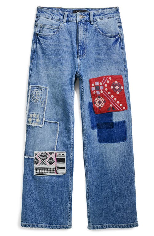 Desigual Embroidered Patch Crop Straight Leg Jeans In Medium Blue