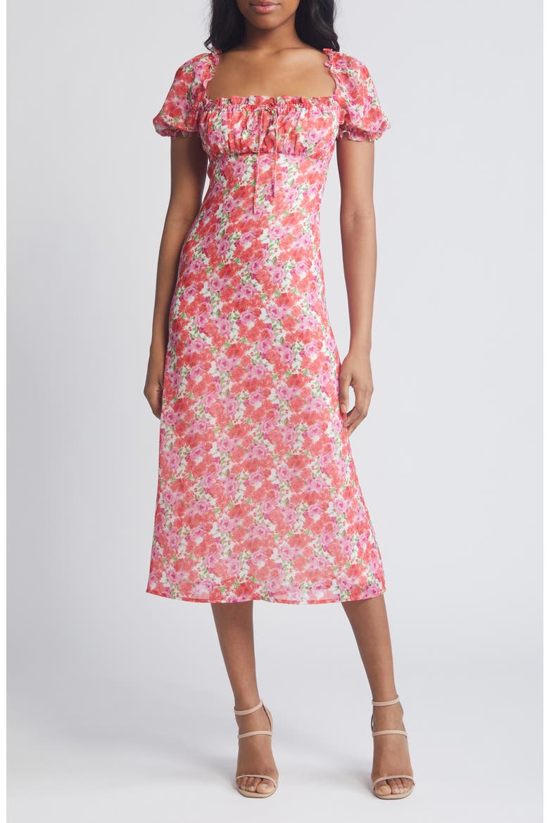 Felicity Floral Print Midi Dress, Main, color, RED / PURPLE ROSES