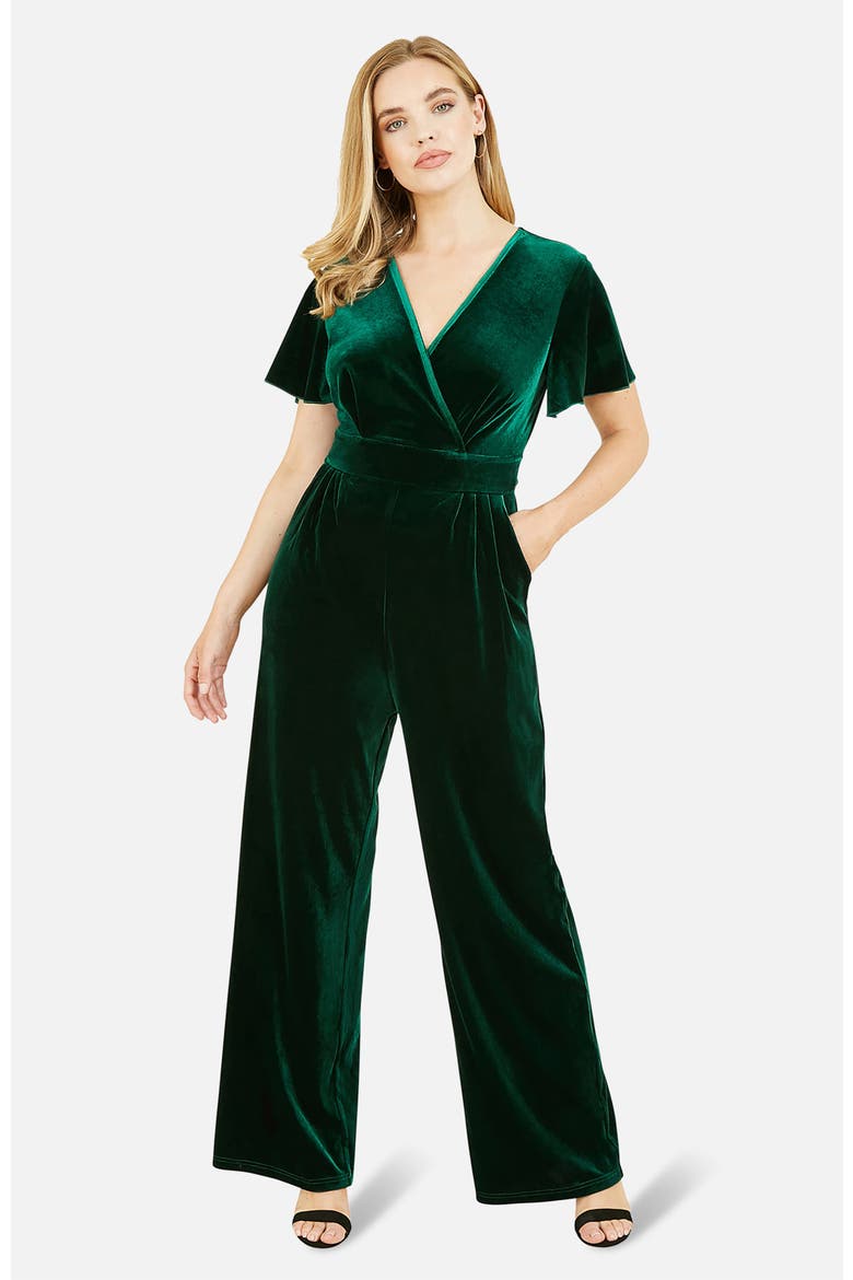 Angel Sleeve Velvet Jumpsuit, Main, color, Green