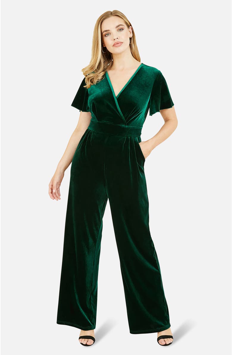 Yumi Angel Sleeve Velvet Jumpsuit, Main, color, Green