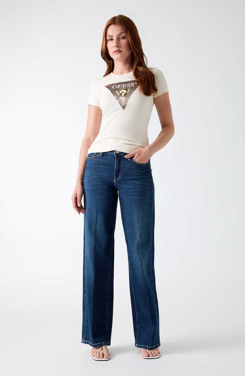 GUESS Snakeskin Print Stud Triangle T-Shirt, Alternate, color, Cream White