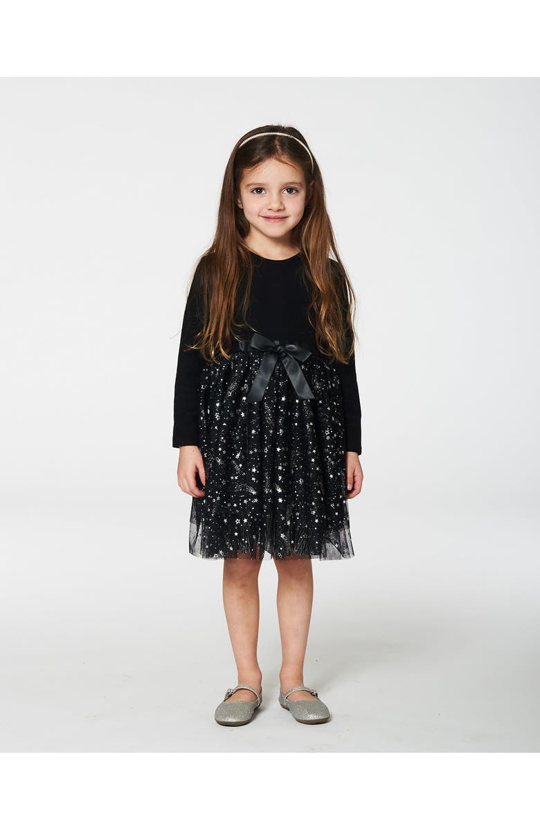 Deux par Deux Baby Girl's Bi-Material Dress With Glittering Tulle Skirt Black, Alternate, color, 