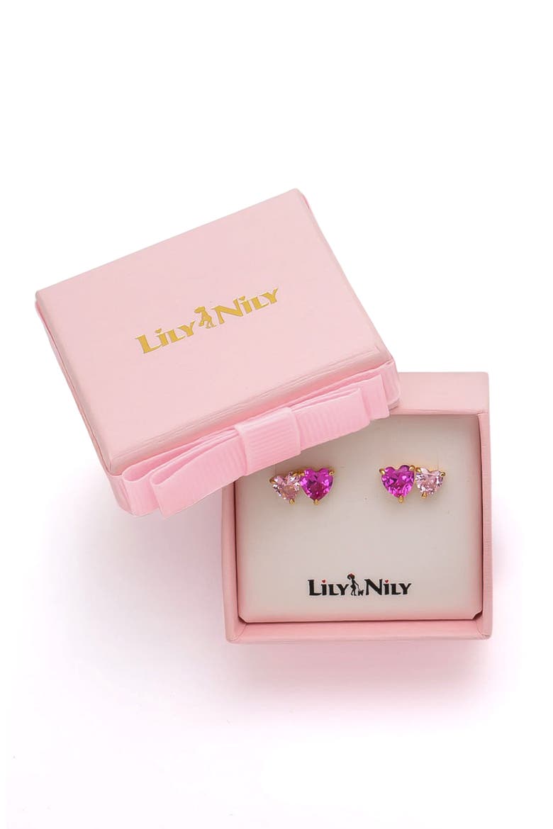 Kids' Double Hearts Cubic Zirconia Stud Earrings, Alternate, color, OPEN PINK