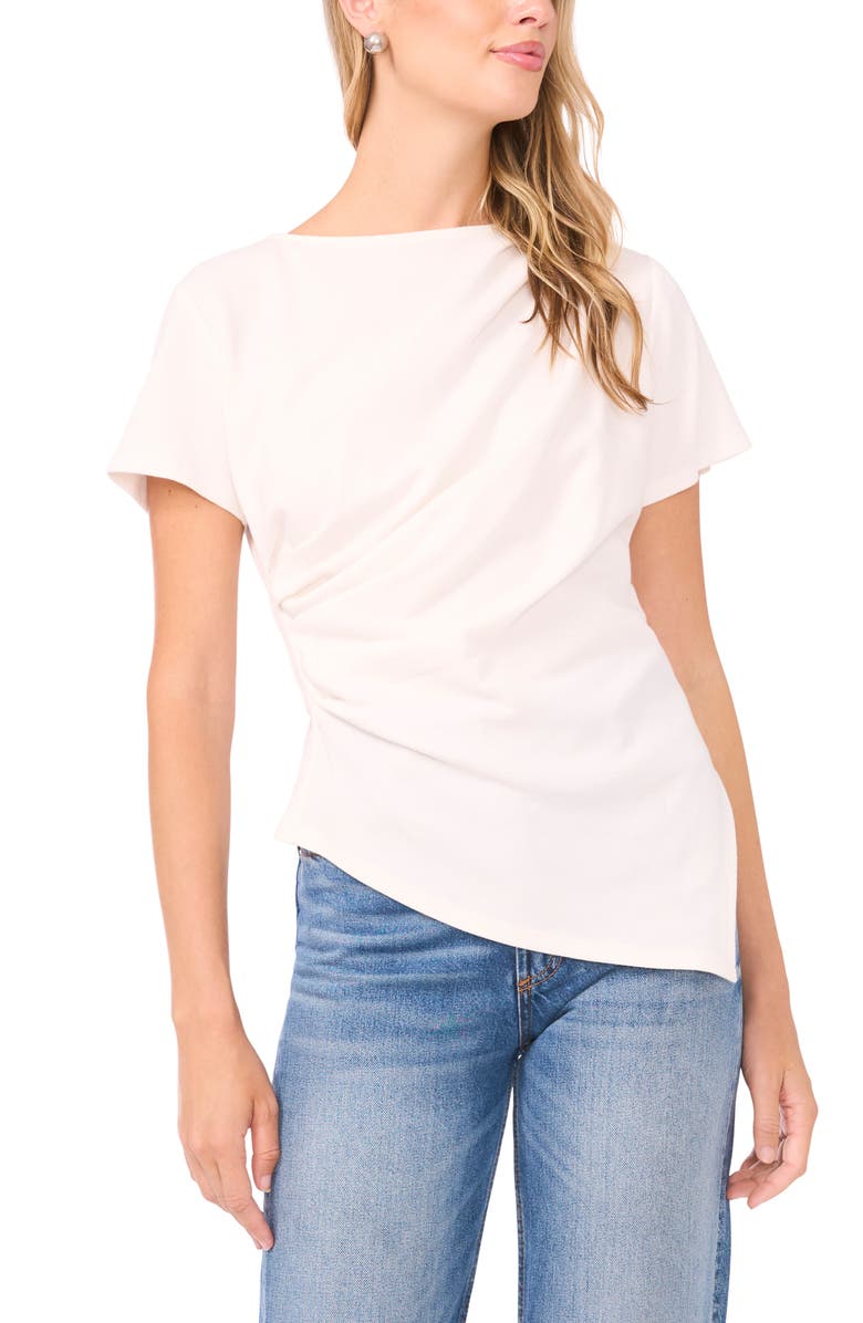 Vince Camuto Asymmetric Side Ruched Short Sleeve Top, Main, color, Ultra White