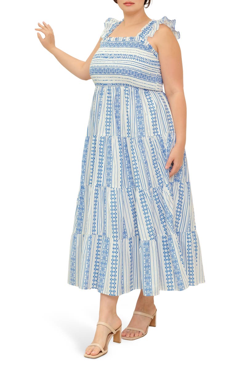 FLYING TOMATO Ruffle Strap Tiered Maxi Dress, Alternate, color, Ivory Blue