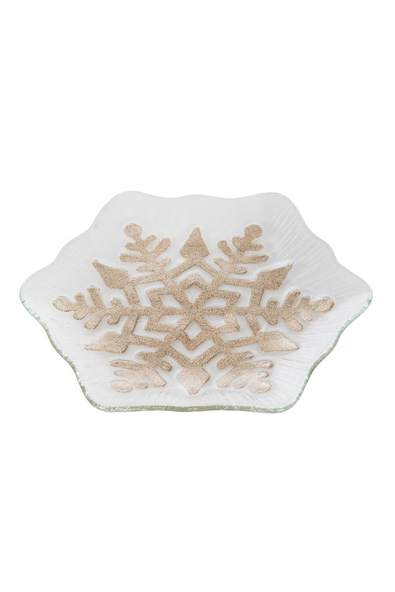 Golden Snowflake Glass Decorative Christmas Plate, Main, color, Clear