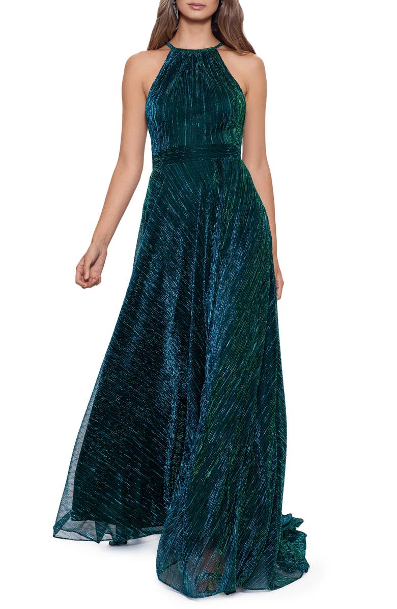 Betsy & Adam Metallic Sleeveless Crinkle Gown, Main, color, Jade