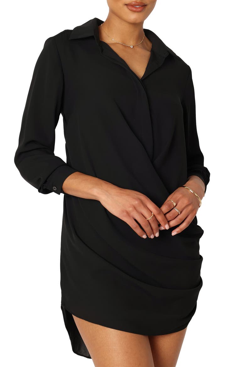 Niky Gathered Mini Shirtdress, Alternate, color, BLACK