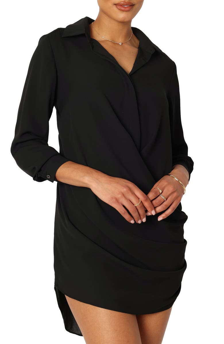 Petal & Pup Niky Gathered Mini Shirtdress, Alternate, color, Black