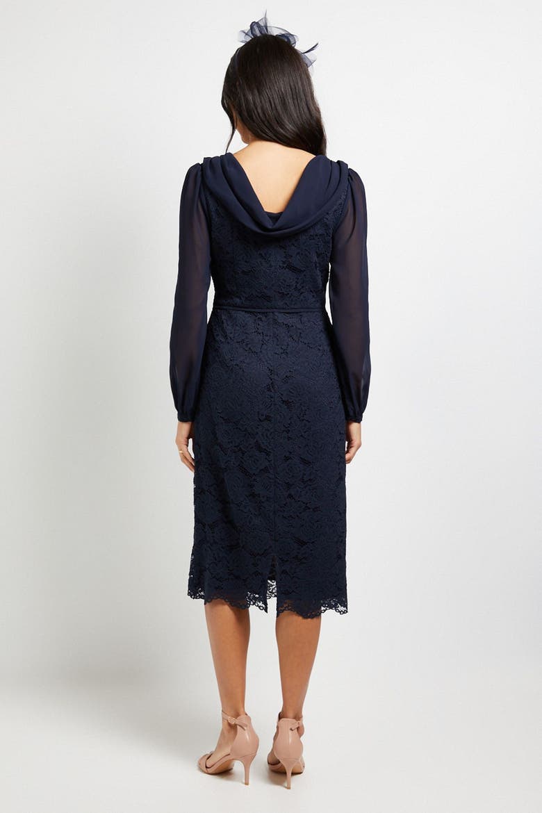 Lace Chiffon Cowl Back Pencil Dress, Alternate, color, Navy