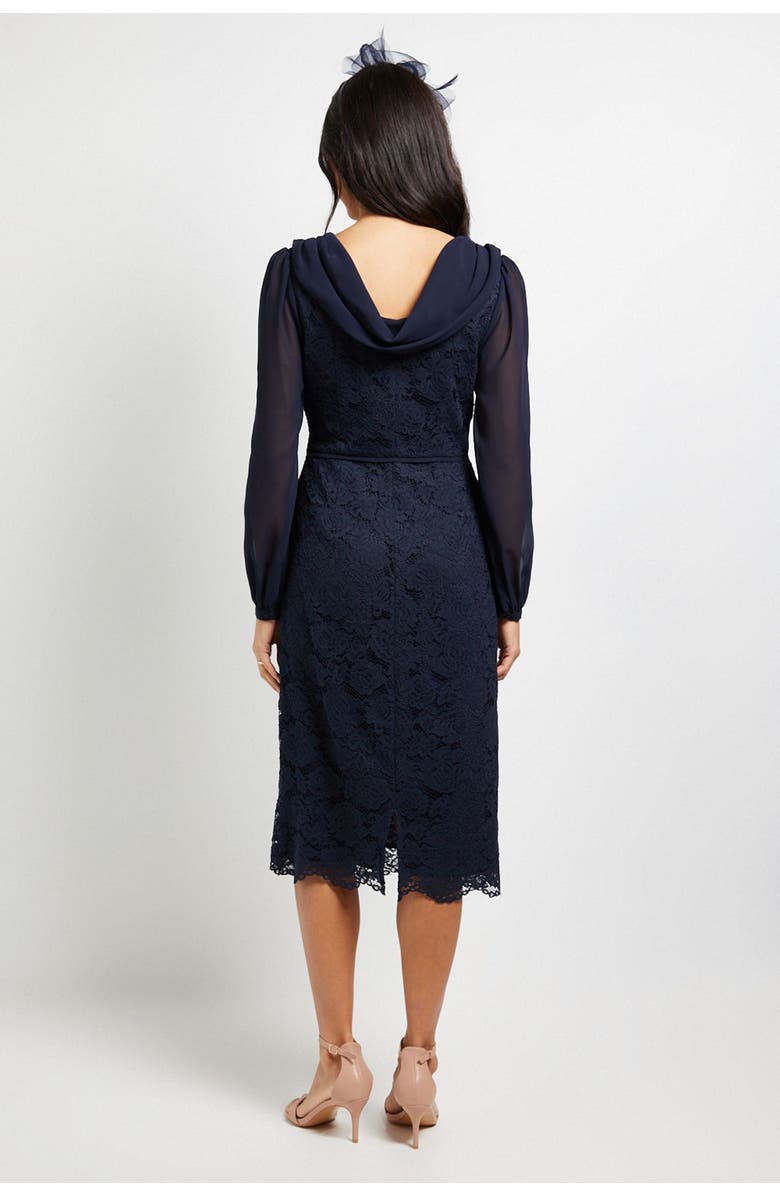 Wallis Lace Chiffon Cowl Back Pencil Dress, Alternate, color, Navy