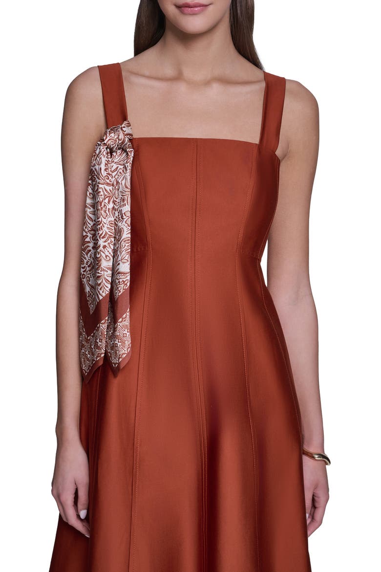 Fit and Flare Midi Dress with Scarf, Alternate, color, COGNAC