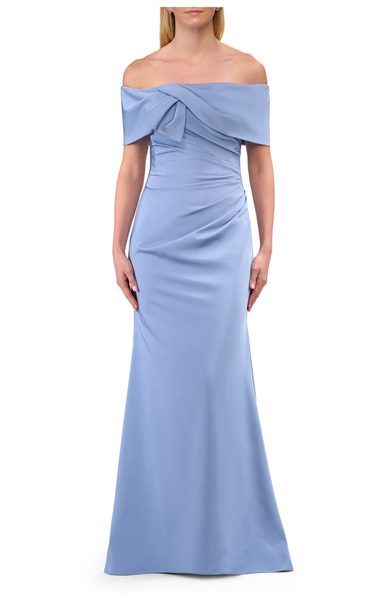 La Femme Off-the-Shoulder Gown with Draped Bow Detail, Main, color, Smoky Blue