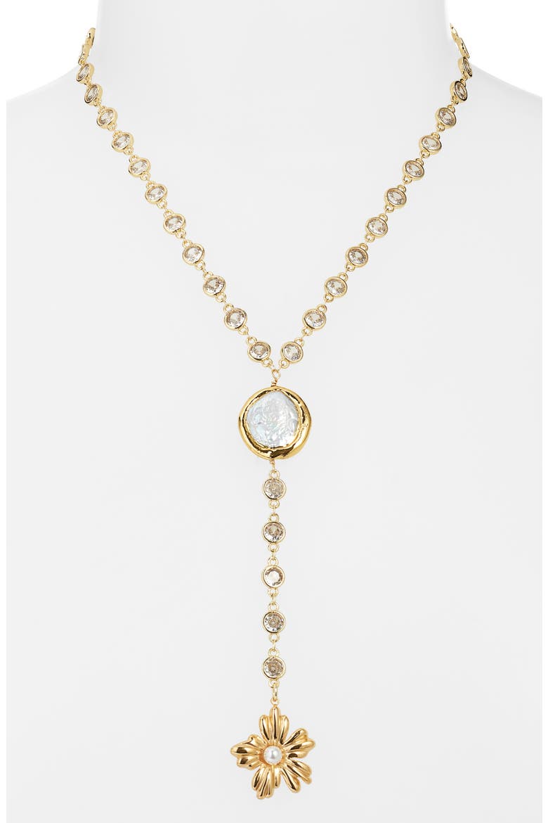Hibiscus Freshwater Pearl Y-Necklace, Alternate, color, GOLD