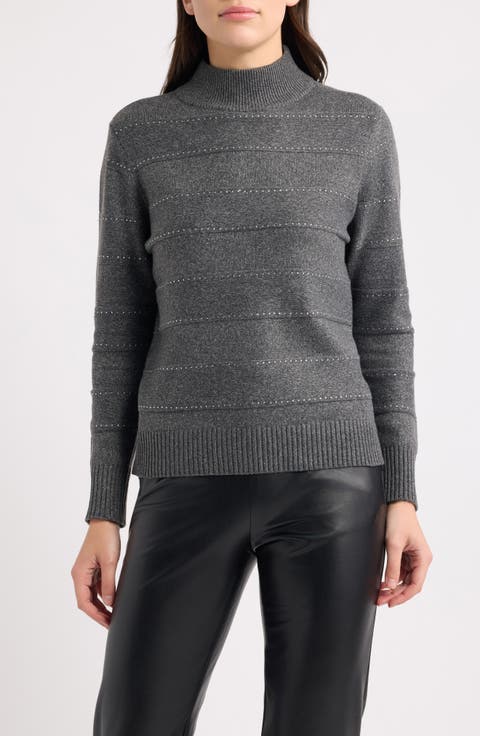 Stripe Mock Neck Crystal Sweater
